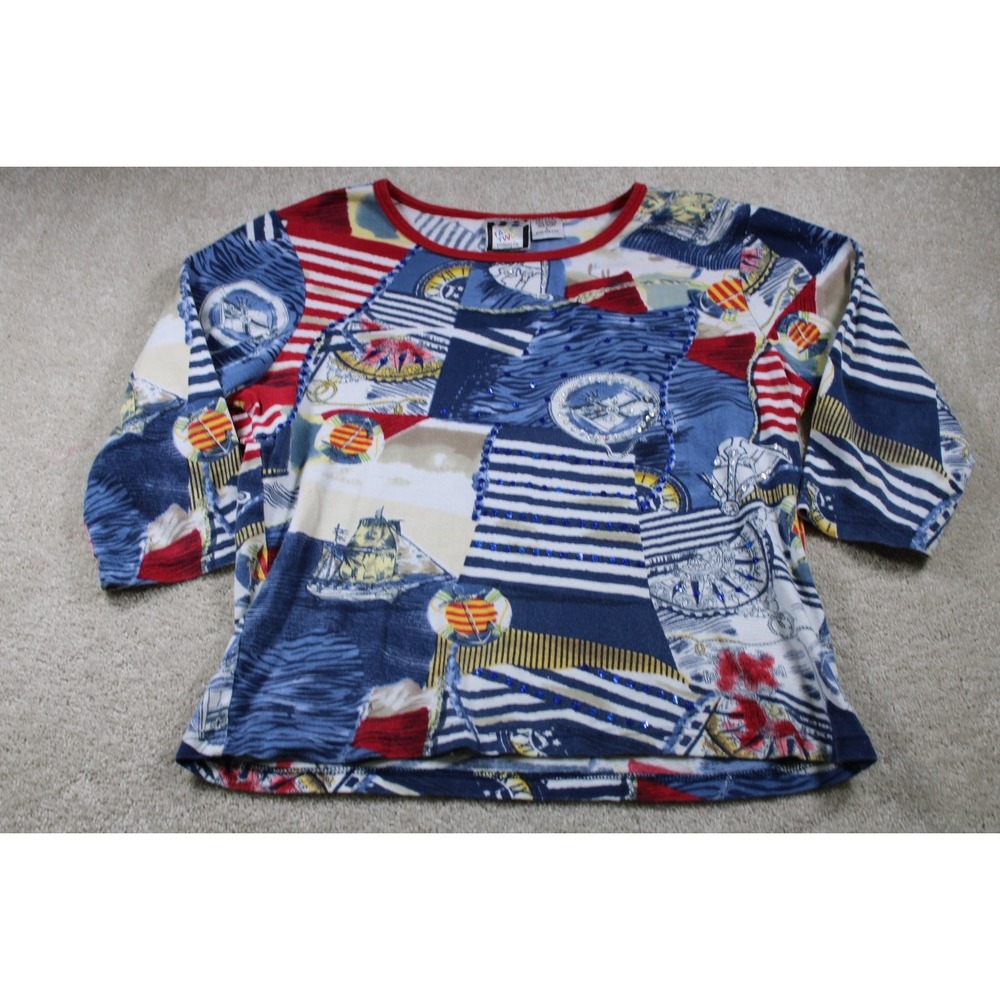 Take Two Womens Top L Nautical Print Cotton‎ Beaded Artsy Art 2 Wear